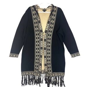 Lucky Brand Black and Cream Embroidered Fringe Cardigan